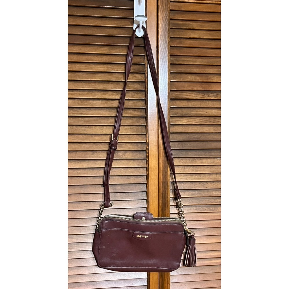 NINE WEST Crossbody Bag Womens Brown Faux Leather‎ Double Zip Tassel Gold